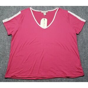 Eye Candy Top Shirt Womens 1X Pink White Solid V-Neck Short Sleeve Pullover New